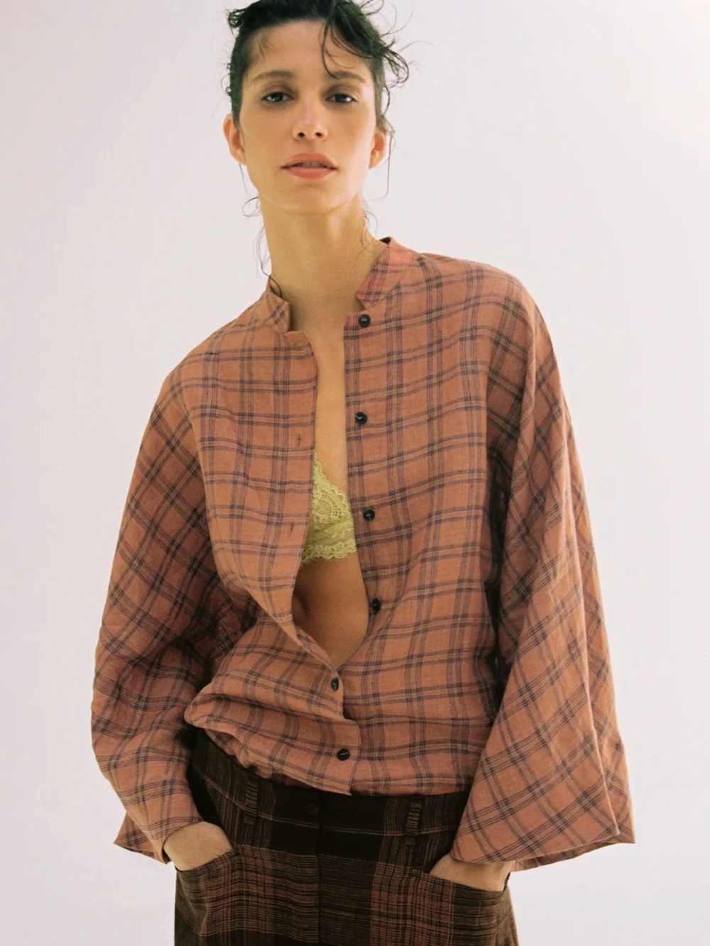 Zara Collection Plaid Button-Up Wide Sleeve Top in Russet
